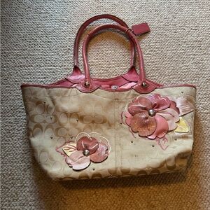 Coach Cream and Pink Floral Tote Bag